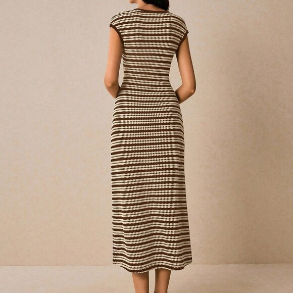 Brown Casual Women's Striped Round Neck Dolman Sleeve Dress - Picture 2 of 8